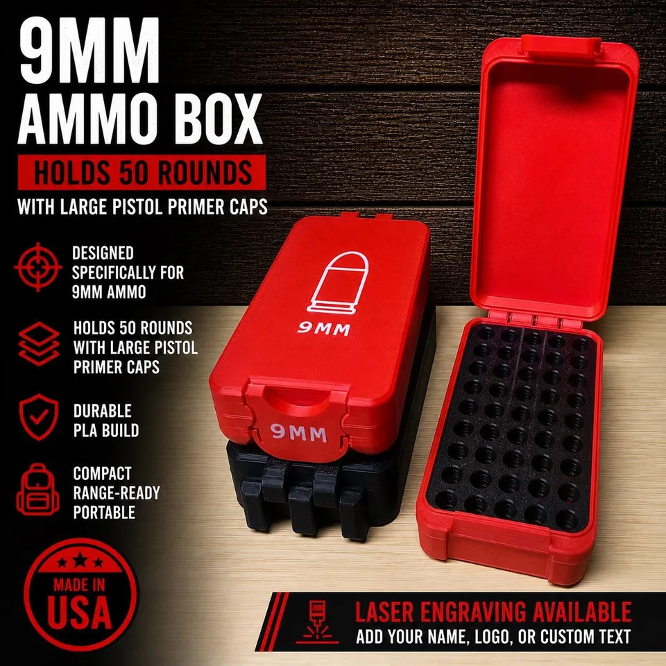 9mm Ammo Storage Box – 50 Round Capacity, Stackable PLA Organizer (Laser Engraving Available) product photo 1
