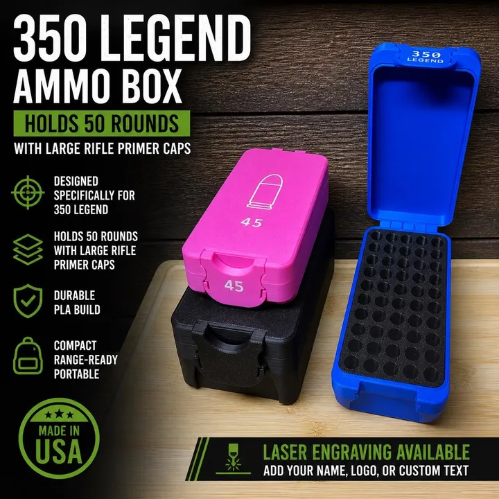 350 Legend Ammo Storage Box – 50 Round Capacity, Stackable PLA Organizer (Laser Engraving Available) product photo 1