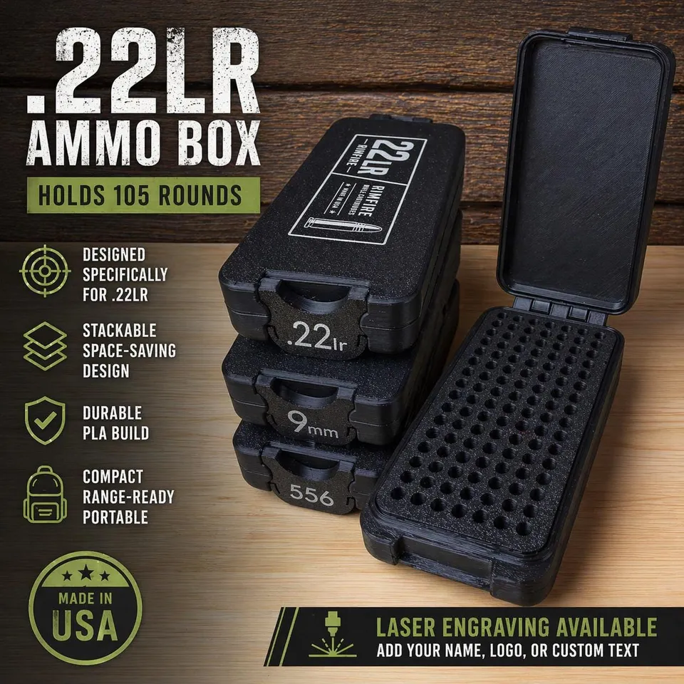 22LR Ammo Storage Box – 120 Round Capacity, Stackable PLA Organizer (Laser Engraving Available) product photo 1