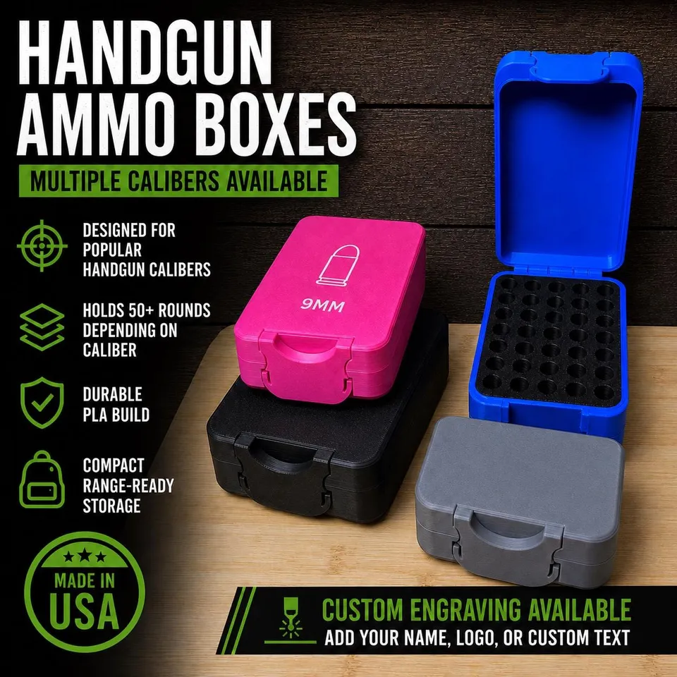 Handgun Cartridge Storage Box | 3D Printed Empty Ammo Case | 9mm 380 40 45 ACP 10mm 357 product photo 1