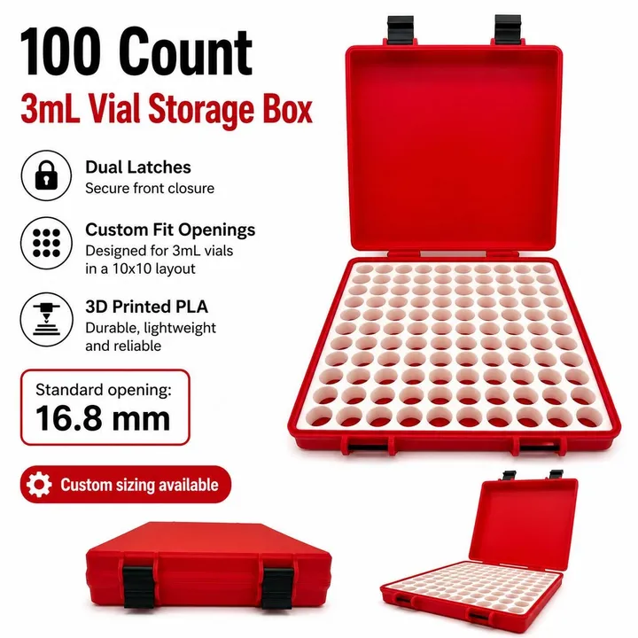 100 Count 3mL Vial Storage Box, Custom Fit PLA Organizer with Dual Latches product photo 1