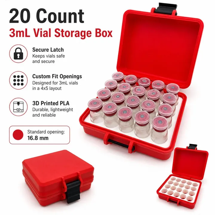 3mL Vial Storage Box, 20 Count 3D Printed PLA Organizer, Secure Peptide Storage product photo 1