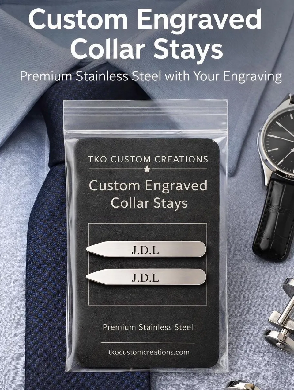 Custom Engraved Stainless Steel Collar Stays – Personalized Groomsmen Wedding Gift product photo 1