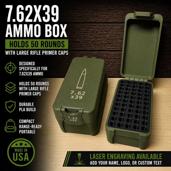 7.62x39 Ammo Storage Box – 50 Round PLA Organizer (Laser Engraving Available) product photo 1