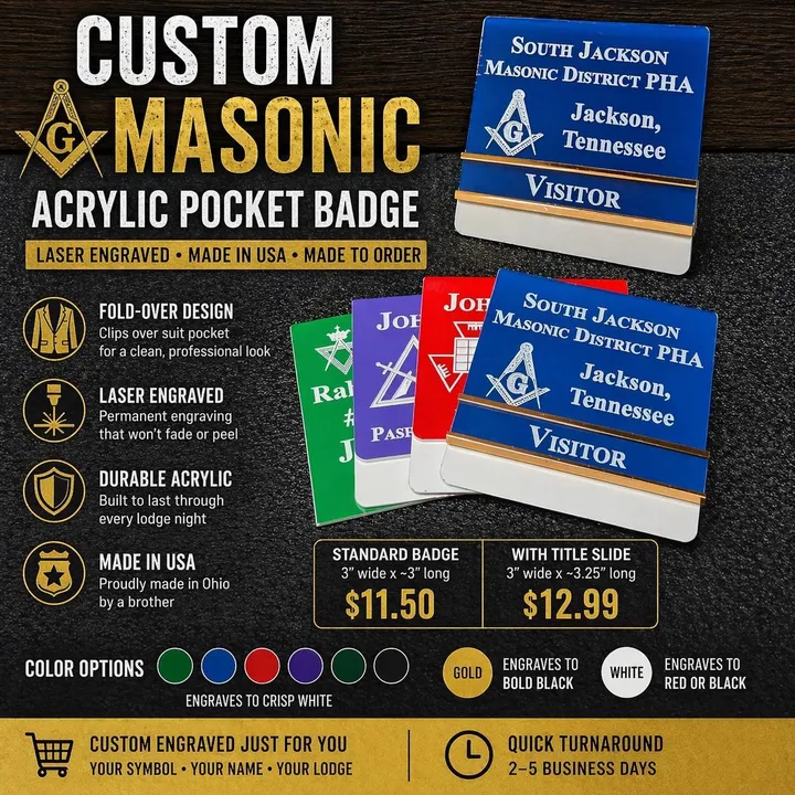 Custom Masonic Pocket Badge | Laser Engraved Acrylic Name Badge | Blue Lodge Freemasonry Accessories product photo 1