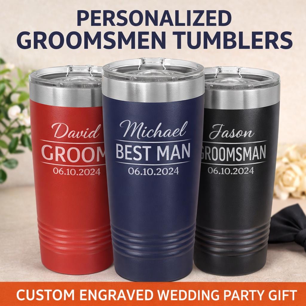 Personalized Groomsmen Tumbler – Custom Engraved 20oz Stainless Steel Wedding Party Cup Main image